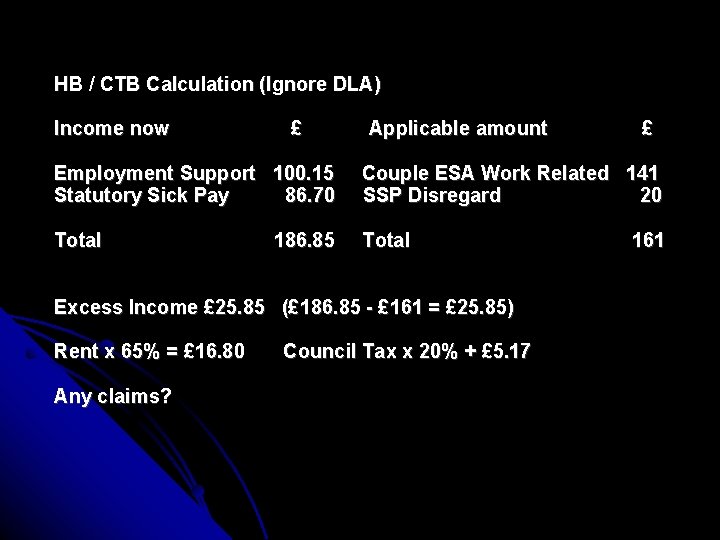 HB / CTB Calculation (Ignore DLA) Income now £ Applicable amount £ Employment Support