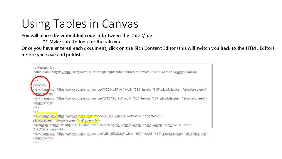Using Tables in Canvas You will place the embedded code in-between the <td></td> **