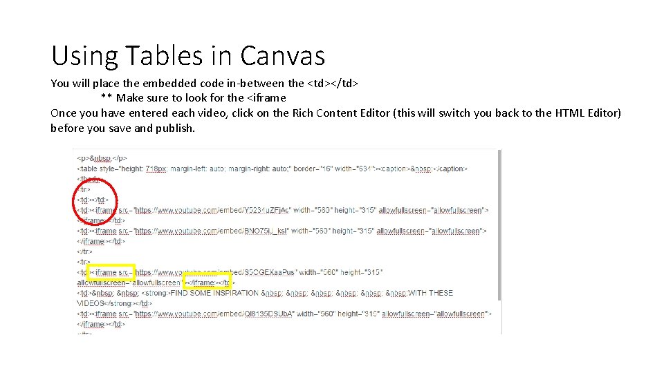 Using Tables in Canvas You will place the embedded code in-between the <td></td> **