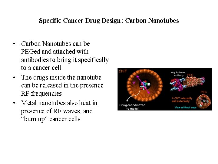 Specific Cancer Drug Design: Carbon Nanotubes • Carbon Nanotubes can be PEGed and attached