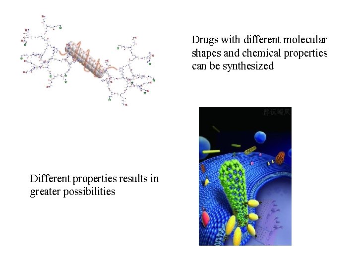 Drugs with different molecular shapes and chemical properties can be synthesized Different properties results