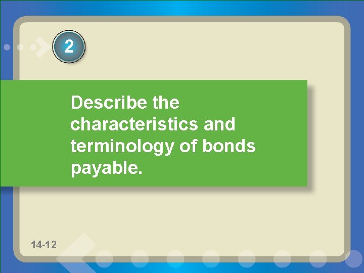 2 Describe the characteristics and terminology of bonds payable. 14 -12 14 -2 11
