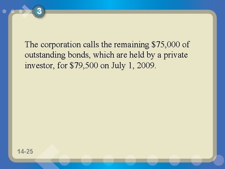 3 The corporation calls the remaining $75, 000 of outstanding bonds, which are held