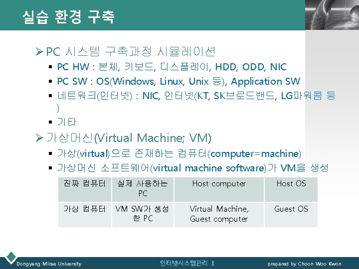 실습 환경 구축 LOGO Ø PC 시스템 구축과정 시뮬레이션 § PC HW : 본체,