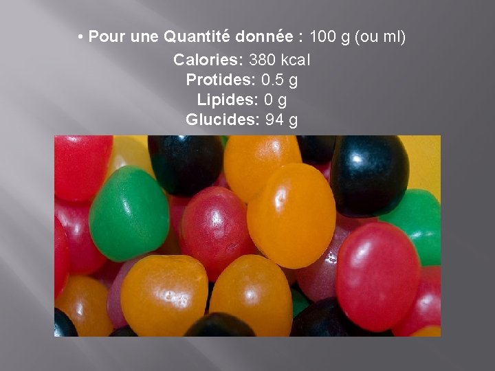  • Pour une Quantité donnée : 100 g (ou ml) Calories: 380 kcal