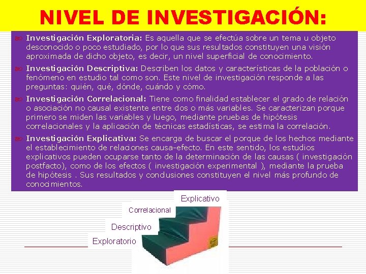 NIVEL DE INVESTIGACIÓN: Investigación Exploratoria: Es aquella que se efectúa sobre un tema u