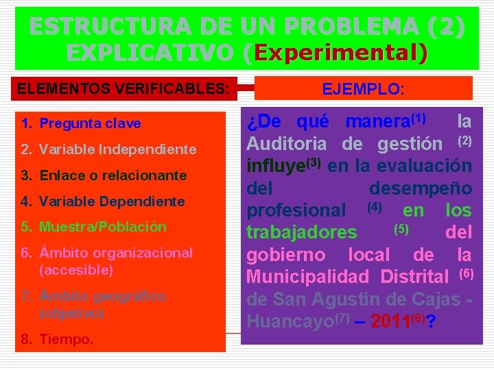 ESTRUCTURA DE UN PROBLEMA (2) EXPLICATIVO (Experimental) ELEMENTOS VERIFICABLES: 1. Pregunta clave 2. Variable