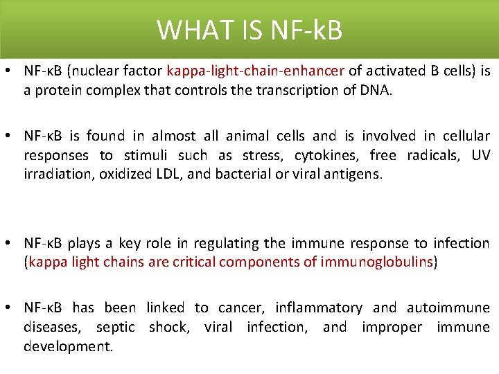 WHAT IS NF-k. B • NF-κB (nuclear factor kappa-light-chain-enhancer of activated B cells) is