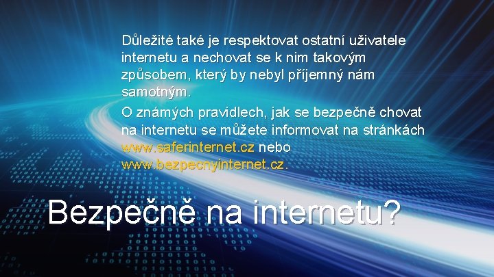 Důležité také je respektovat ostatní uživatele internetu a nechovat se k nim takovým způsobem,