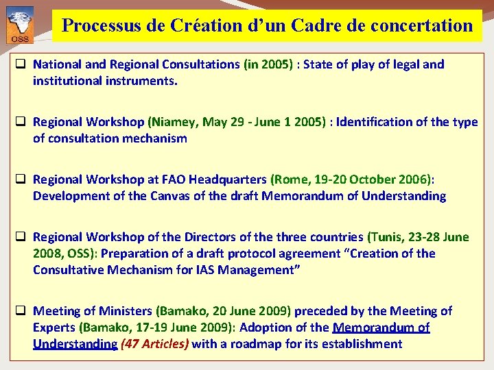 Processus de Création d’un Cadre de concertation q National and Regional Consultations (in 2005)