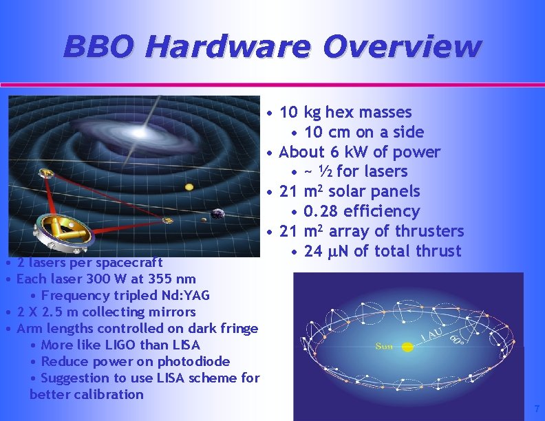 BBO Hardware Overview • 2 lasers per spacecraft • Each laser 300 W at