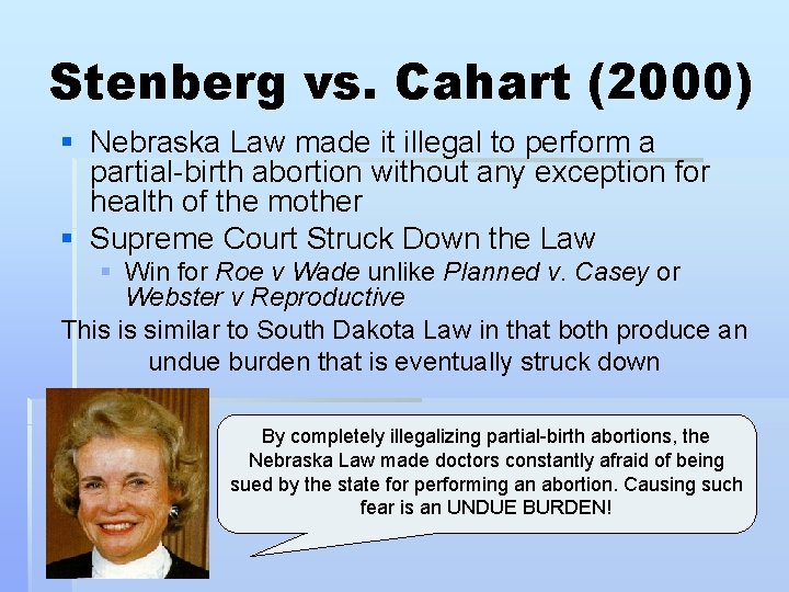 Stenberg vs. Cahart (2000) § Nebraska Law made it illegal to perform a partial-birth