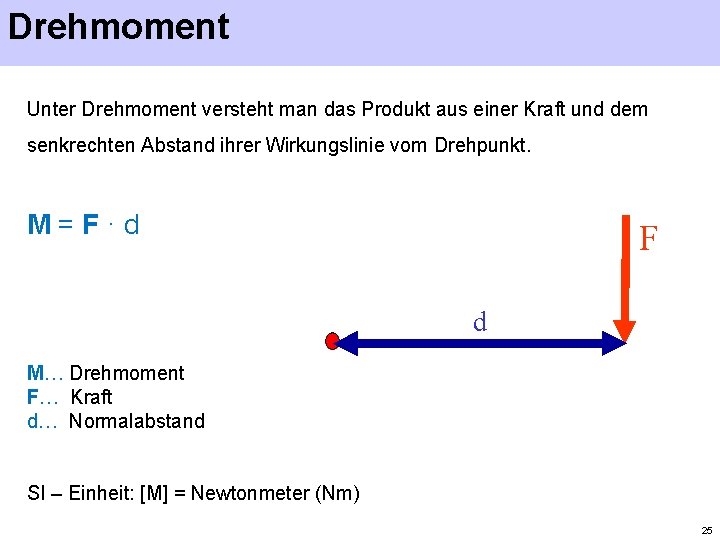 Drehmoment Unter Drehmoment versteht man das Produkt aus einer Kraft und dem senkrechten Abstand