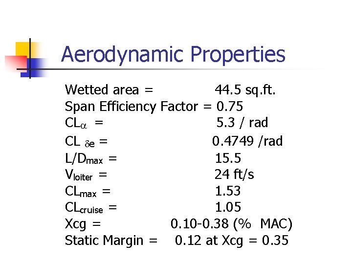 Aerodynamic Properties Wetted area = 44. 5 sq. ft. Span Efficiency Factor = 0.