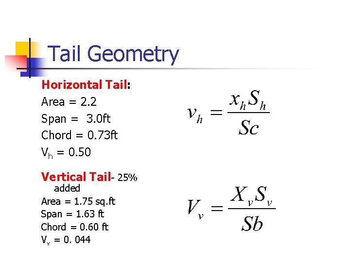 Tail Geometry Horizontal Tail: Area = 2. 2 Span = 3. 0 ft Chord