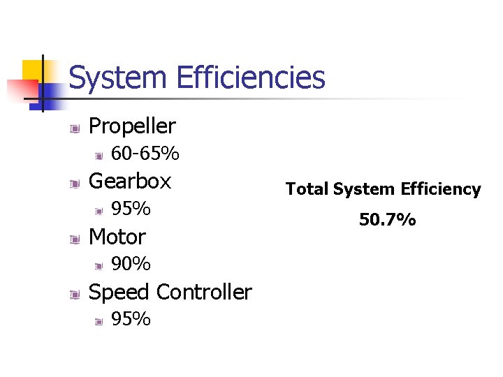 System Efficiencies Propeller 60 -65% Gearbox 95% Motor 90% Speed Controller 95% Total System