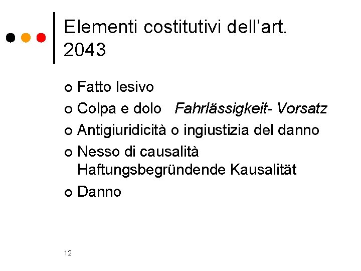 Elementi costitutivi dell’art. 2043 Fatto lesivo ¢ Colpa e dolo Fahrlässigkeit- Vorsatz ¢ Antigiuridicità