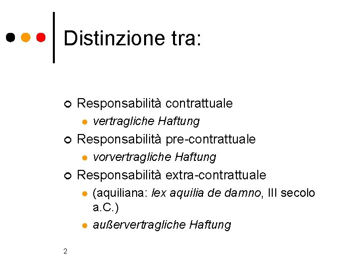 Distinzione tra: ¢ Responsabilità contrattuale l ¢ Responsabilità pre-contrattuale l ¢ vorvertragliche Haftung Responsabilità