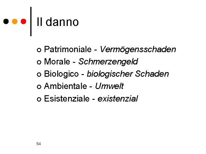 Il danno Patrimoniale - Vermögensschaden ¢ Morale - Schmerzengeld ¢ Biologico - biologischer Schaden