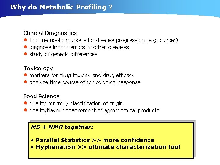 Why do Metabolic Profiling ? Clinical Diagnostics • find metabolic markers for disease progression