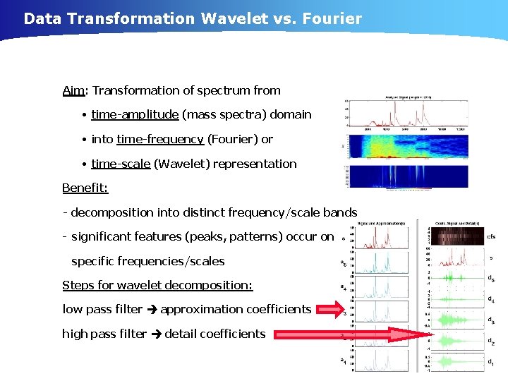 Data Transformation Wavelet vs. Fourier Aim: Transformation of spectrum from • time-amplitude (mass spectra)