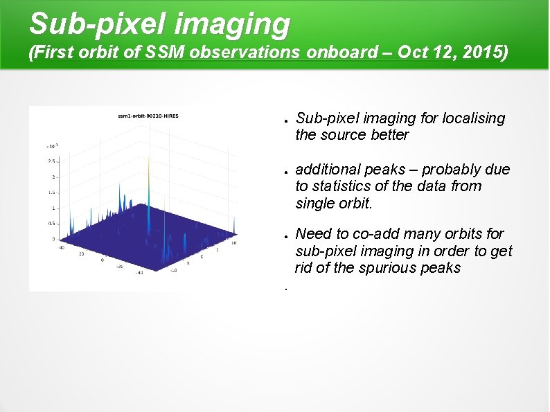 Sub-pixel imaging (First orbit of SSM observations onboard – Oct 12, 2015) ● ●