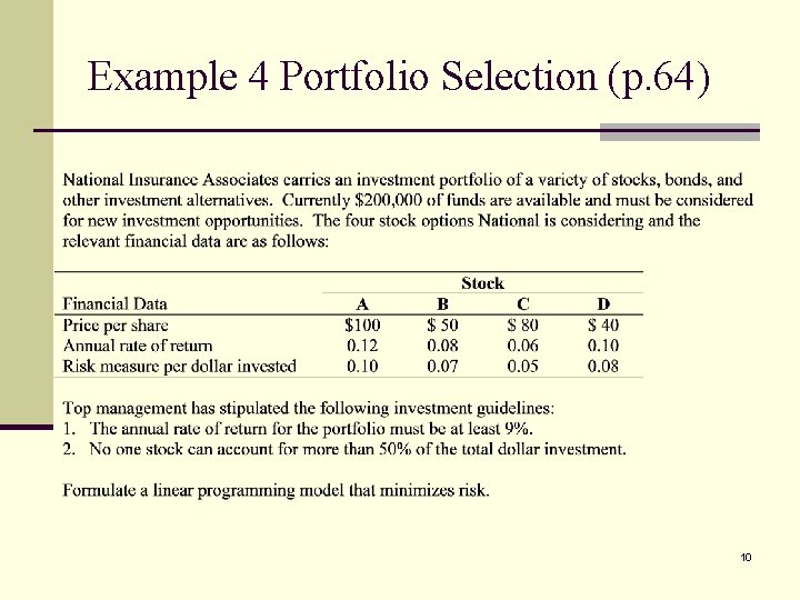 Example 4 Portfolio Selection (p. 64) 10 