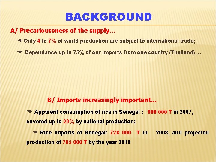 BACKGROUND A/ Precarioussness of the supply… Only 4 to 7% of world production are