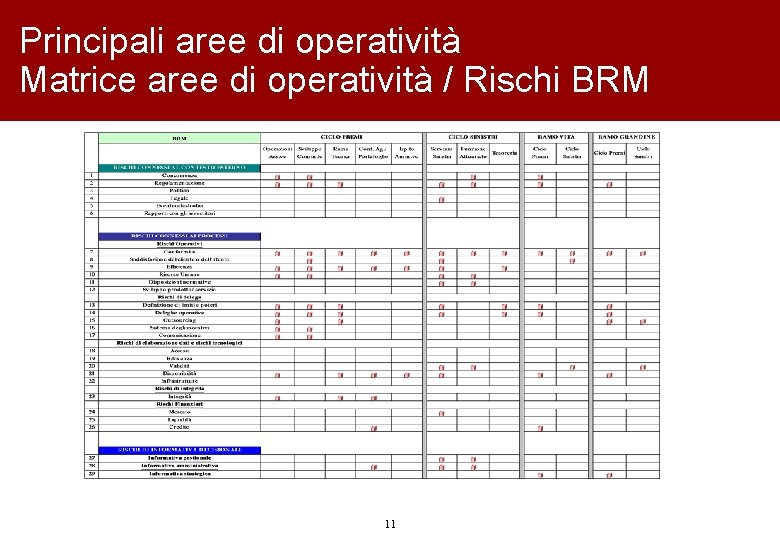 Principali aree di operatività Matrice aree di operatività / Rischi BRM 11 