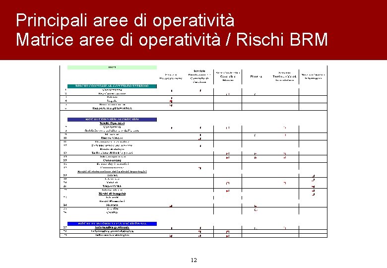 Principali aree di operatività Matrice aree di operatività / Rischi BRM 12 