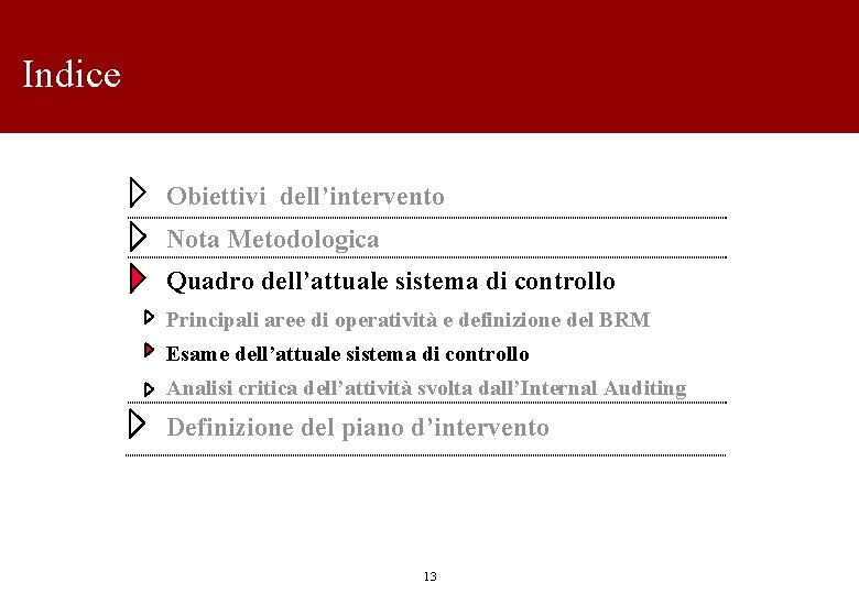 Indice Obiettivi dell’intervento Nota Metodologica Quadro dell’attuale sistema di controllo Principali aree di operatività