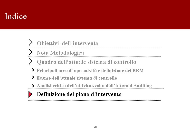 Indice Obiettivi dell’intervento Nota Metodologica Quadro dell’attuale sistema di controllo Principali aree di operatività