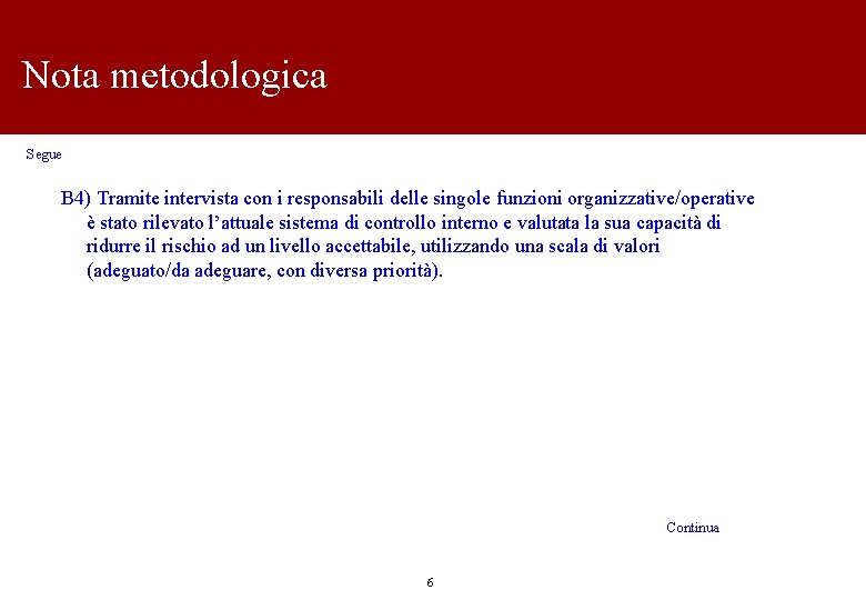 Nota metodologica Segue B 4) Tramite intervista con i responsabili delle singole funzioni organizzative/operative