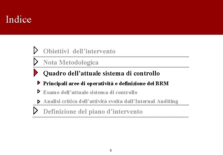 Indice Obiettivi dell’intervento Nota Metodologica Quadro dell’attuale sistema di controllo Principali aree di operatività