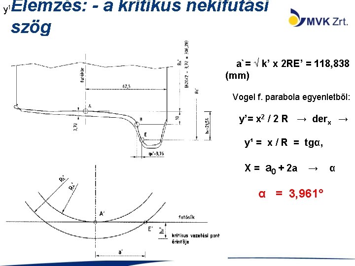 Elemzés: - a kritikus nekifutási szög y 1 a futókör síkjára vonatkoztatva a`= √