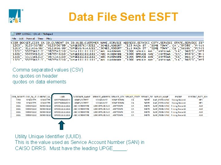 Data File Sent ESFT Comma separated values (CSV) no quotes on header quotes on
