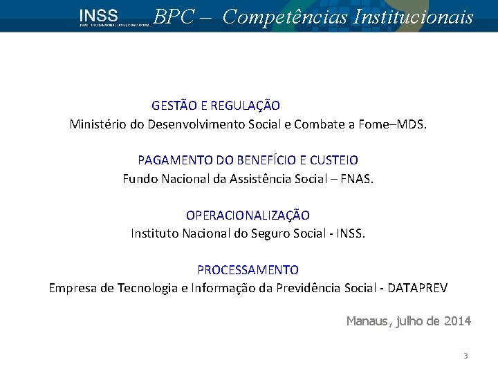 BPC – Competências Institucionais GESTÃO E REGULAÇÃO Ministério do Desenvolvimento Social e Combate a