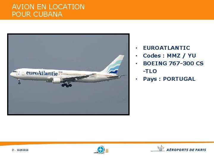 AVION EN LOCATION POUR CUBANA • EUROATLANTIC • Codes : MMZ / YU •