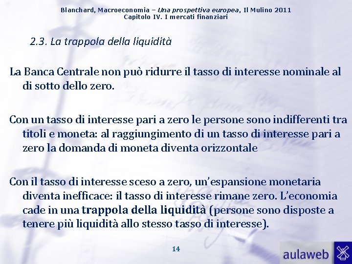 Blanchard, Macroeconomia – Una prospettiva europea, Il Mulino 2011 Capitolo IV. I mercati finanziari