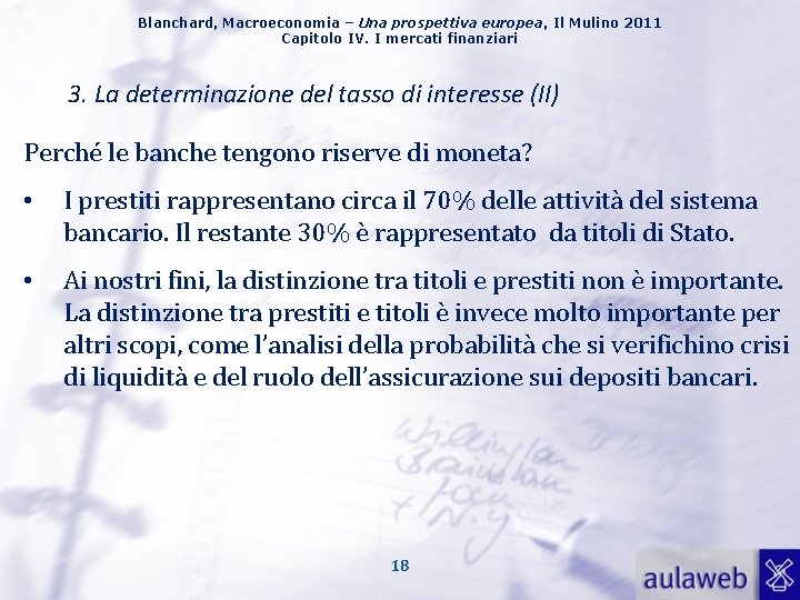 Blanchard, Macroeconomia – Una prospettiva europea, Il Mulino 2011 Capitolo IV. I mercati finanziari