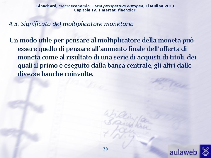 Blanchard, Macroeconomia – Una prospettiva europea, Il Mulino 2011 Capitolo IV. I mercati finanziari