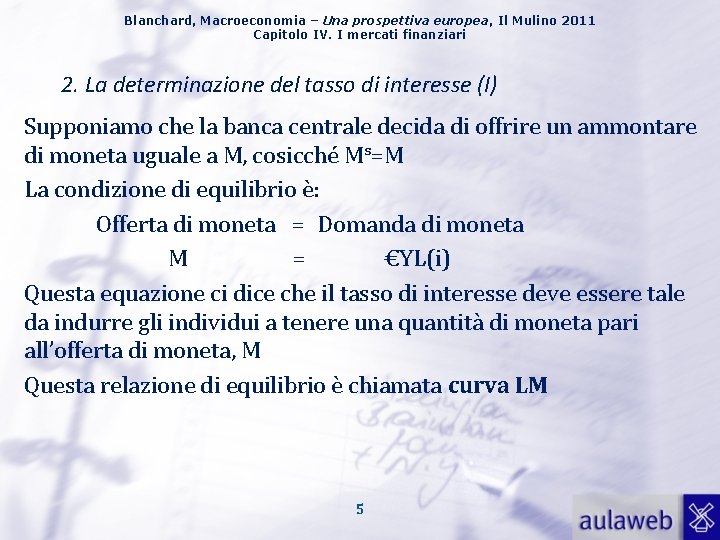 Blanchard, Macroeconomia – Una prospettiva europea, Il Mulino 2011 Capitolo IV. I mercati finanziari