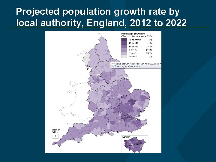 Projected population growth rate by local authority, England, 2012 to 2022 