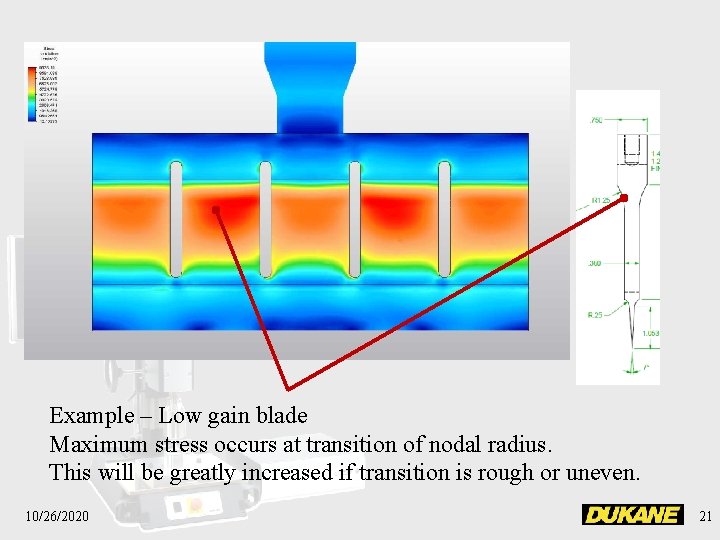 Example – Low gain blade Maximum stress occurs at transition of nodal radius. This