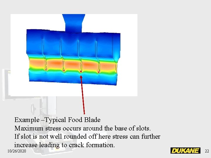 Example –Typical Food Blade Maximum stress occurs around the base of slots. If slot