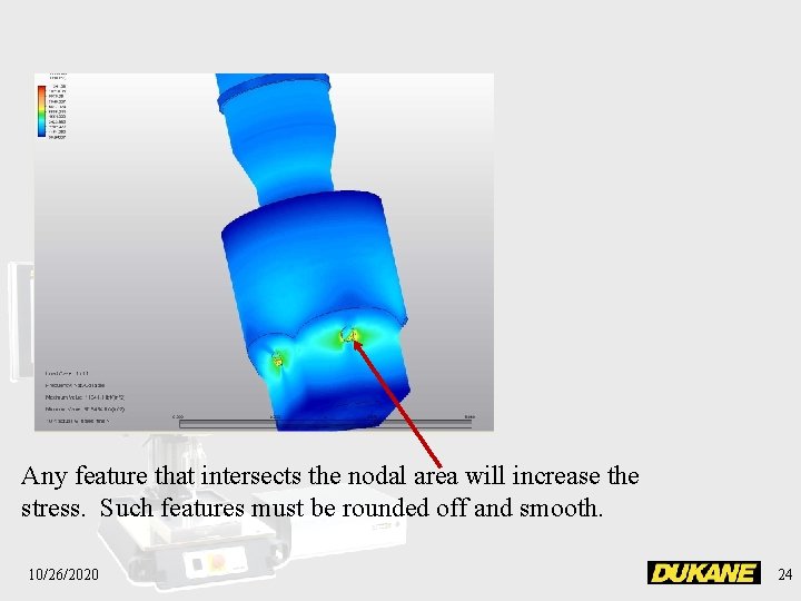 Any feature that intersects the nodal area will increase the stress. Such features must