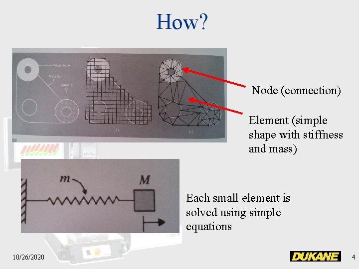 How? Node (connection) Element (simple shape with stiffness and mass) Each small element is