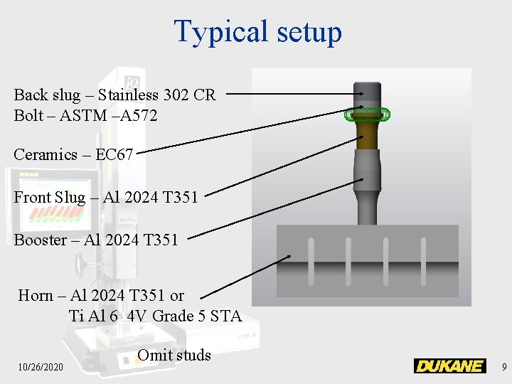 Typical setup Back slug – Stainless 302 CR Bolt – ASTM –A 572 Ceramics