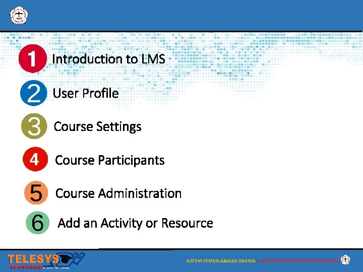 Introduction to LMS User Profile Course Settings Course Participants Course Administration Add an Activity