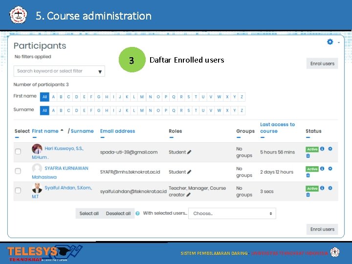 5. Course administration 3 Daftar Enrolled users SISTEM PEMBELAJARAN DARING - UNIVERSITAS TEKNOKRAT INDONESIA